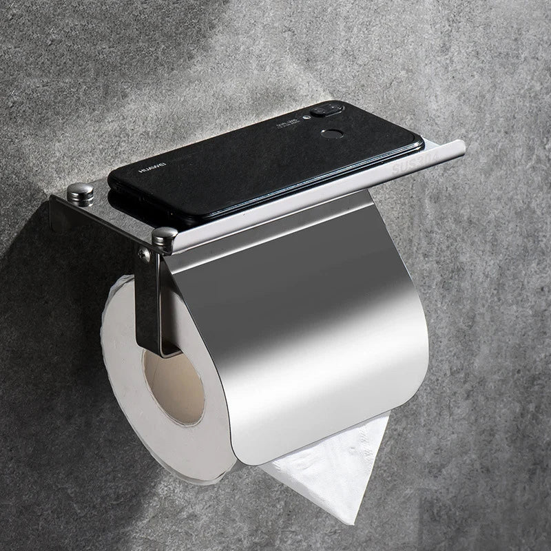 Toilet Paper Holders Space Aluminum Wall Mounted Rolling Tissue Hanger For Phone Tray Storage Rack WC Shelf Bathroom Accessories