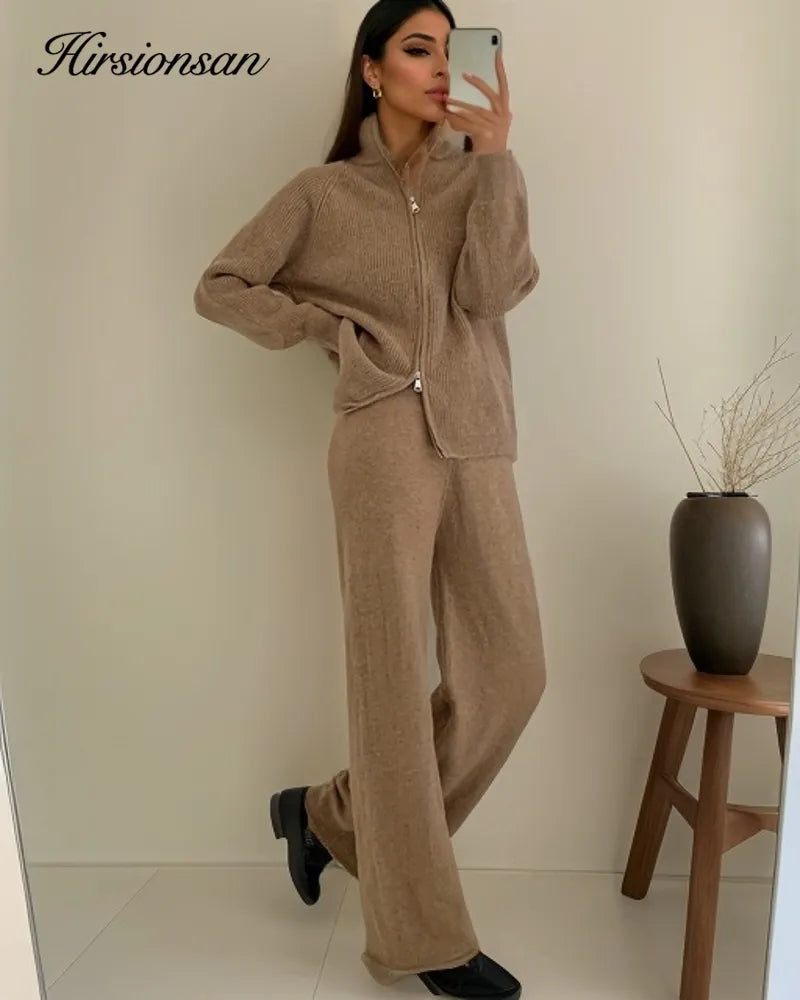 Hirsionsan Winter Thick Women Suits Soft  2 Pieces Female Sets Zip Cardigan Sweater & Wide Leg Pants Soft Knitted Track Suit