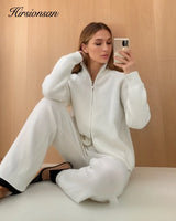 Hirsionsan Winter Thick Women Suits Soft  2 Pieces Female Sets Zip Cardigan Sweater & Wide Leg Pants Soft Knitted Track Suit