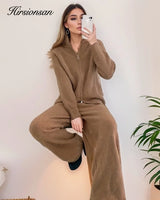 Hirsionsan Winter Thick Women Suits Soft  2 Pieces Female Sets Zip Cardigan Sweater & Wide Leg Pants Soft Knitted Track Suit