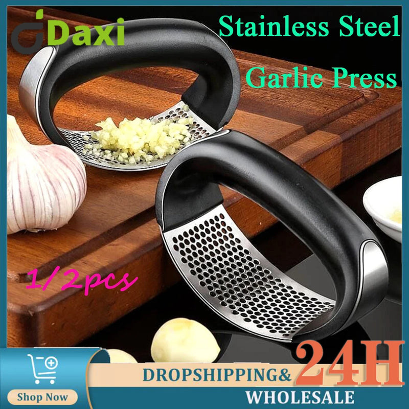 2Pcs Stainless Steel Garlic Press Curved Hand-held Garlic Peeler Manual Garlic Press Mincer Chopping Garlic Tool Kitchen Gadget